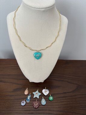Gold Chain Necklace with Turquoise Heart Pendant and additional gemstone charms